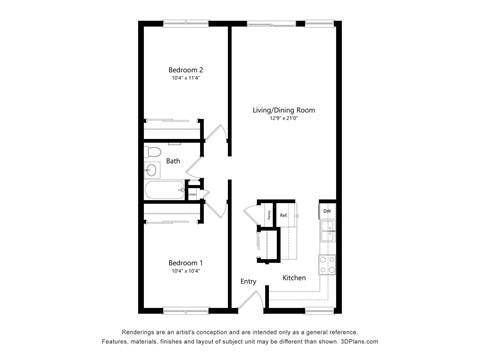 Floor plan for 2 beds, 1 bath, 850 sqft